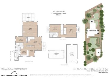 3D floor plan of a three-bedroom residence with outdoor pool and garden.