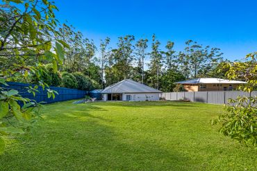 A large grassy backyard with trees and houses.