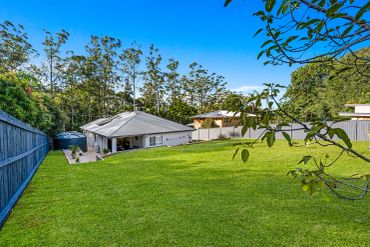 Backyard with lush green lawn and trees in the background.