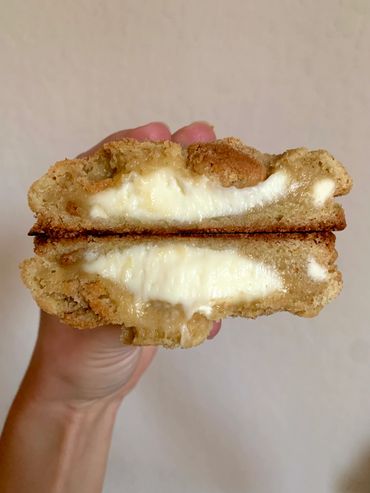 Key lime white chocolate chip cookie with graham cracker pieces, filled with key lime cream cheese