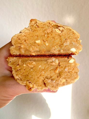 Soft baked peanut butter cookie with crunchy salted peanuts and Reese's peanut butter chips