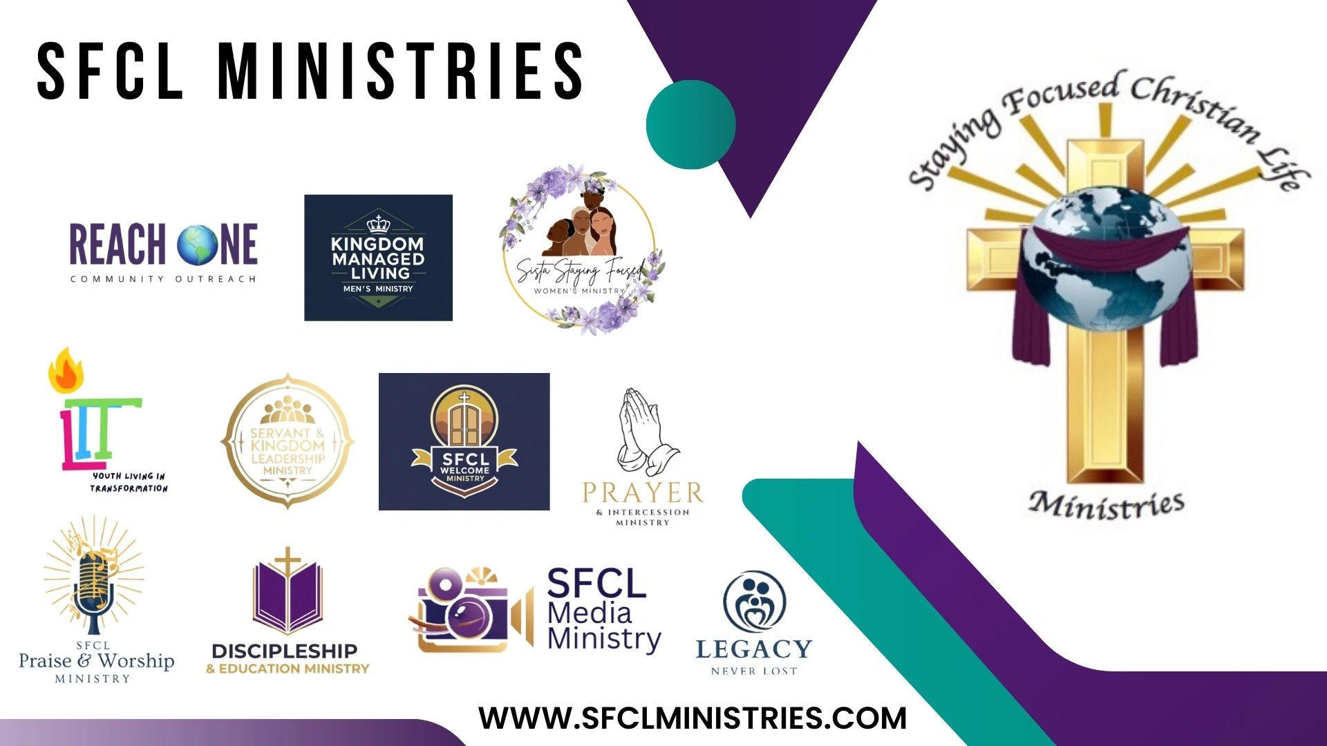 SFCL Ministries with various ministry logos and website link.