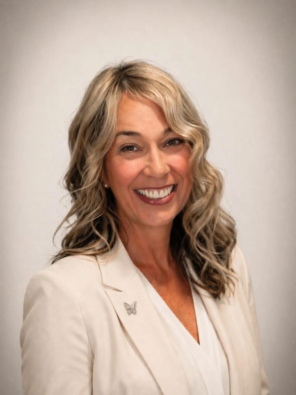 Smiling woman with wavy blonde hair wearing a white blazer and butterfly pin.