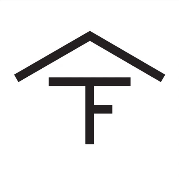 Minimalist black icon combining a roof shape with the letter 'F'.