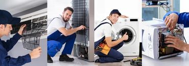 Technicians repairing and maintaining household appliances like air conditioners, refrigerators, washing machines, and microwaves.