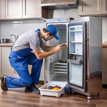 Technician repairing a refrigerator in a kitchen.