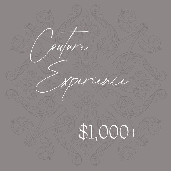 Elegant text announcing couture experience priced at $1,000+.
