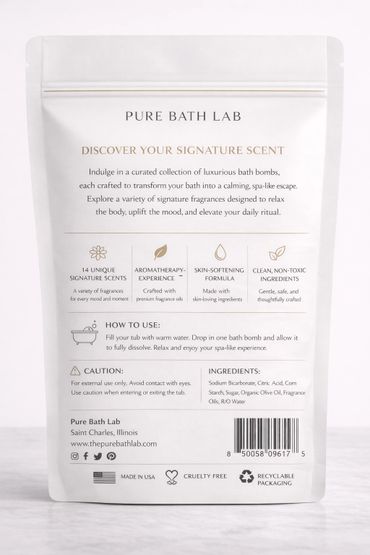 Back of Pure Bath Lab bath bombs packaging with usage instructions and ingredients.