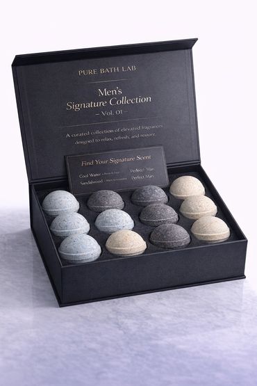 Men's Signature Collection bath bombs in a sleek black box.