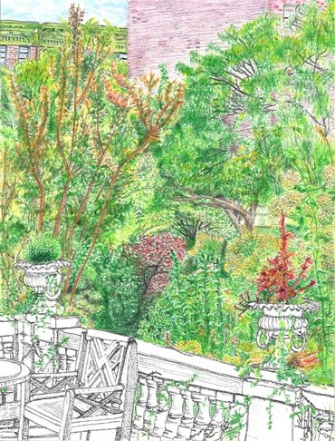 A plein air color hand-sketched view of an iconic scene from Elizabeth Street Garden, Manhattan.