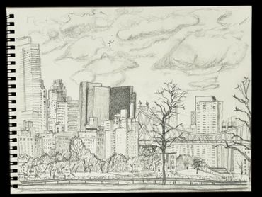 A plein air, lead pencil, hand-sketched view of Midtown Manhattan from Long Island City, Queens
