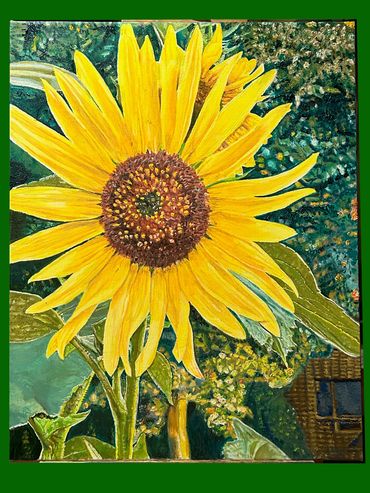 A plein air Oil Painting on 18x24 Linen Canvas of sunflowers in Astoria Park