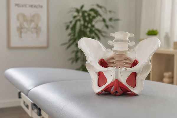 Pelvic model on a medical examination table.