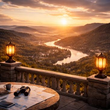 Sunset view of a winding river from a balcony with lamps and binoculars.