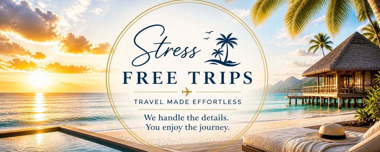 Sunset beach resort with text promoting stress-free travel and effortless trips.