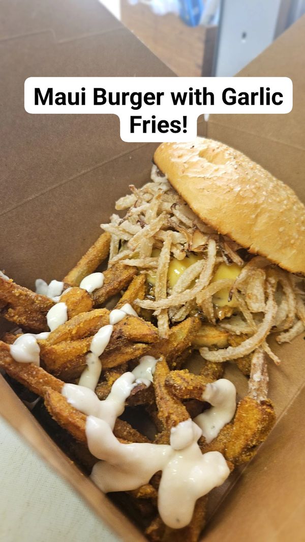 House made veggie patty with grilled pinapple house teriyaki sauce and fried crispy onions. Served w