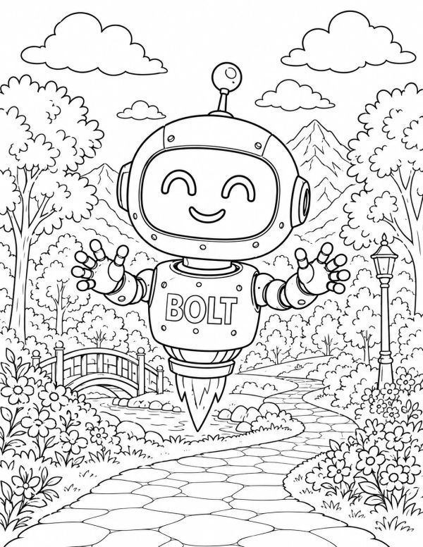 Happy robot named BOLT flying over a garden path.