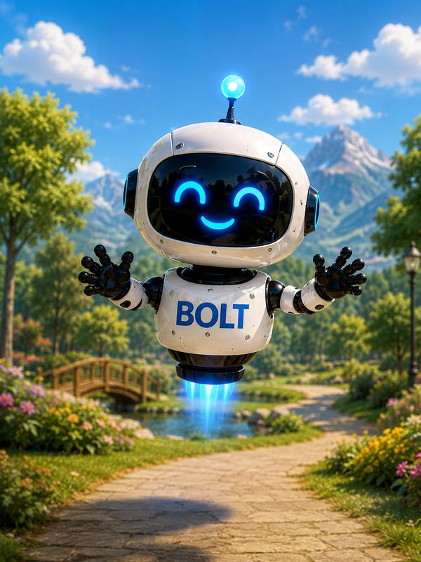 Cute robot named BOLT flying over a garden path.