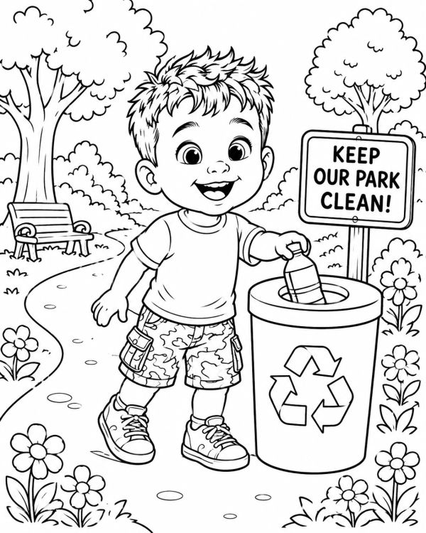 Boy recycling plastic bottle in the park.