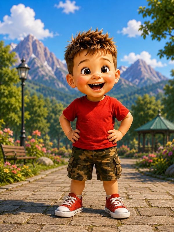 Happy boy in red shirt and camo shorts outdoors.