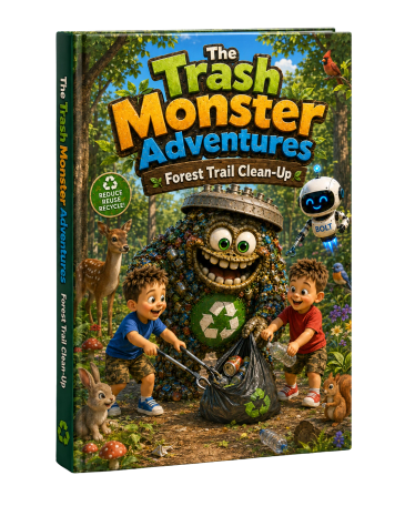 Book cover of Trash Monster Adventures with kids cleaning a forest.