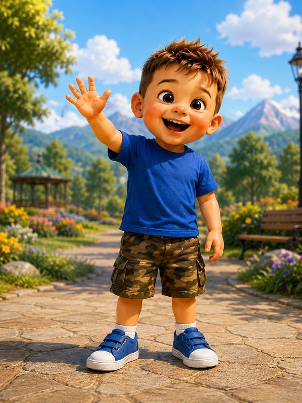 Happy animated boy in blue shirt waving outdoors.