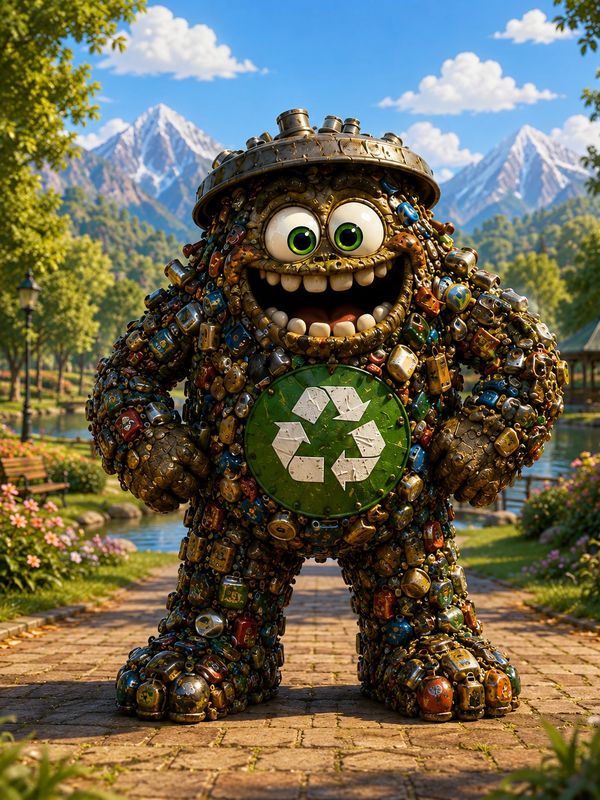 Cheerful recycling robot made of cans.