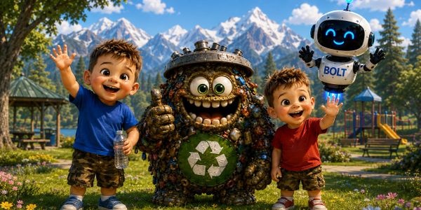 Two kids, a robot, and a recycling mascot in a park.