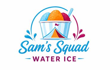 Colorful water ice logo with three scoops in a cup and Sam's Squad text.