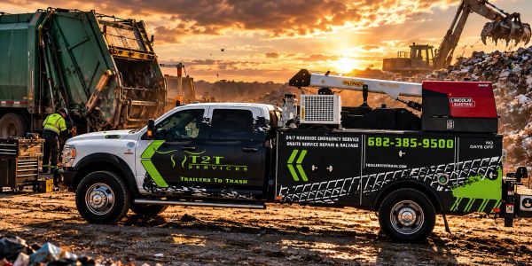 T2T Services truck at a landfill during sunset.