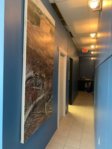 Narrow hallway with blue walls, tiled floor, and landscape painting.