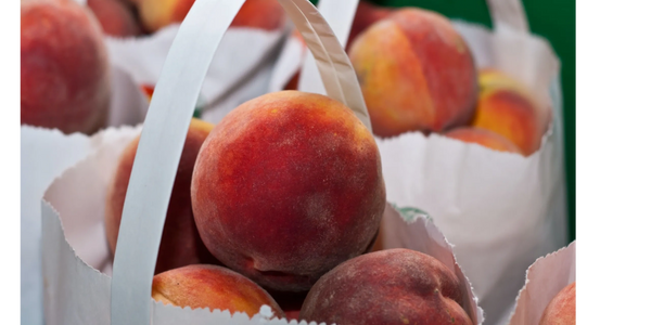 close up of a white paper bag with freshly picked peaches.