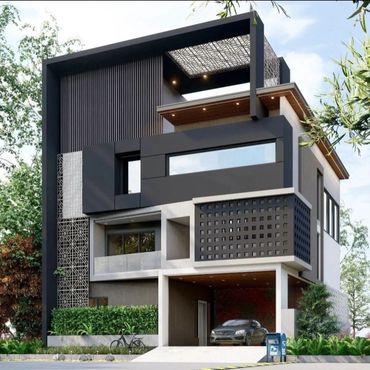 Modern three-story house with dark geometric design and a car parked in the garage.