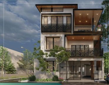 Modern three-story house with wooden ceiling accents and black metal railings on balconies.