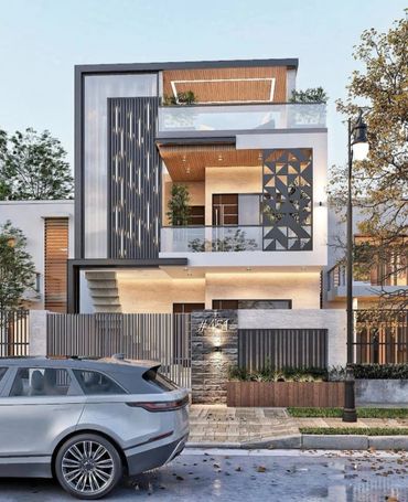 Modern two-story house with geometric design and sleek car parked outside.