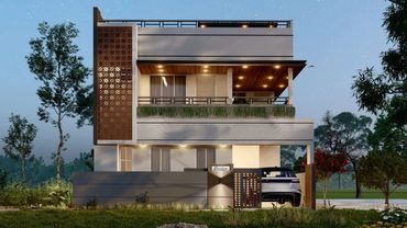 Modern two-story house with wooden accents and a car parked in the driveway.