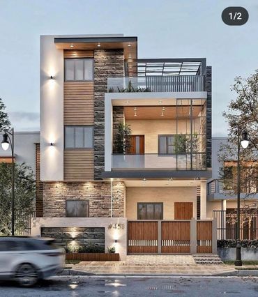 Modern three-story house with stone and wood facade, large balcony, and stylish lighting.