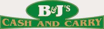 Logo of B&J's Cash and Carry in green and gold colors.
