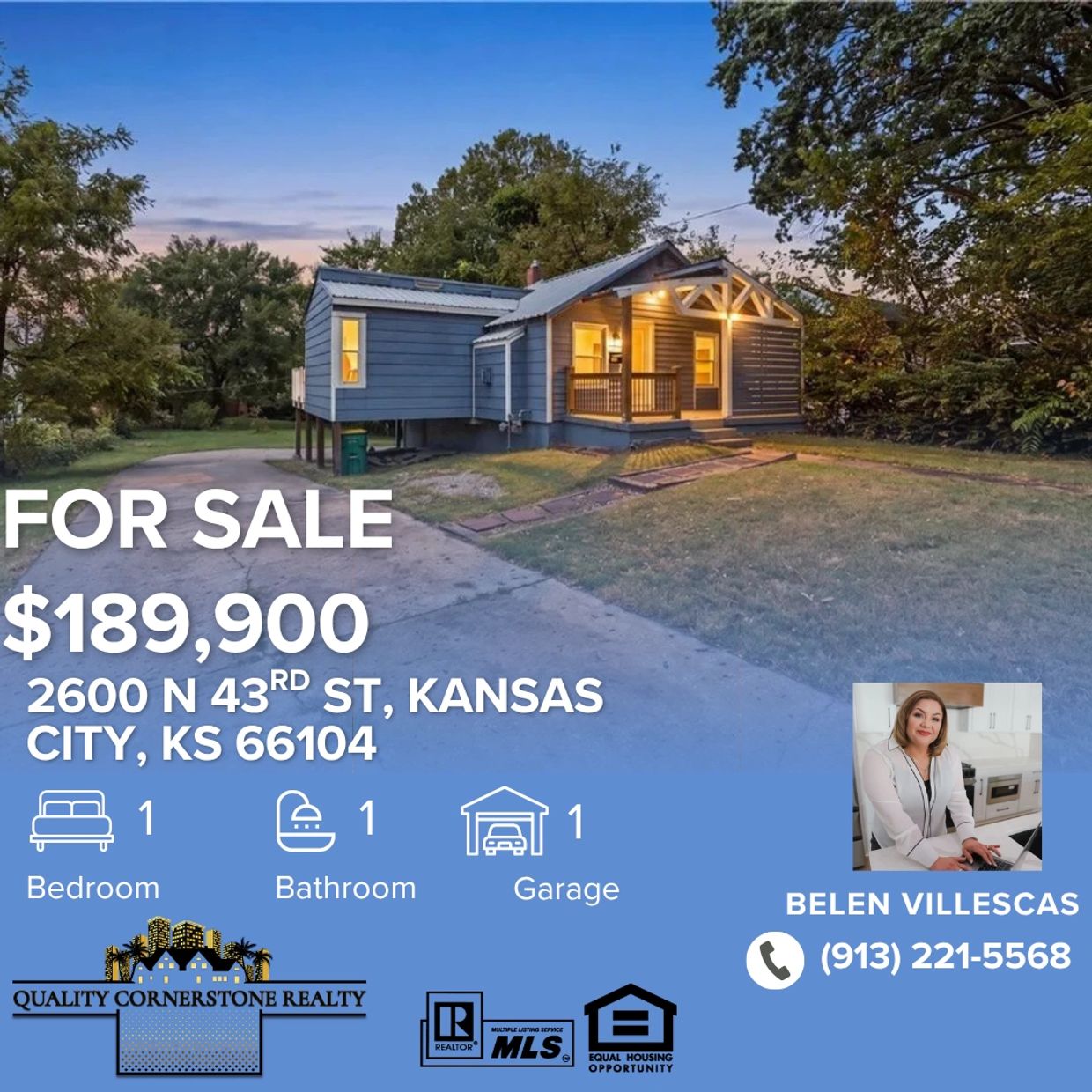 Cozy 1-bedroom house for sale in Kansas City with garage.