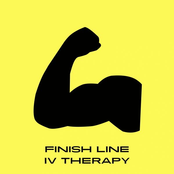 Black muscular arm silhouette above text on yellow background.