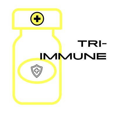 Yellow outlined medicine bottle labeled 'Tri-Immune' with a shield and cross symbol.