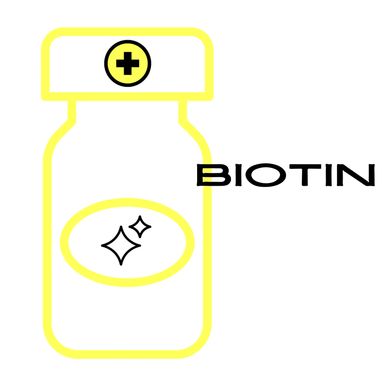 Yellow outlined biotin bottle with sparkles and medical cross.