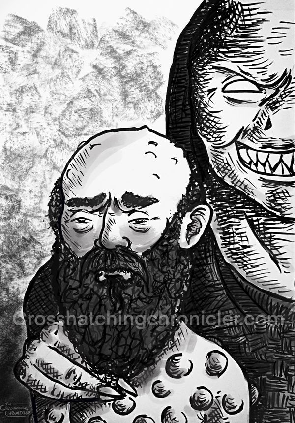 An illustration of Job, covered in boils, standing with the adversary, Satan, standing behind.