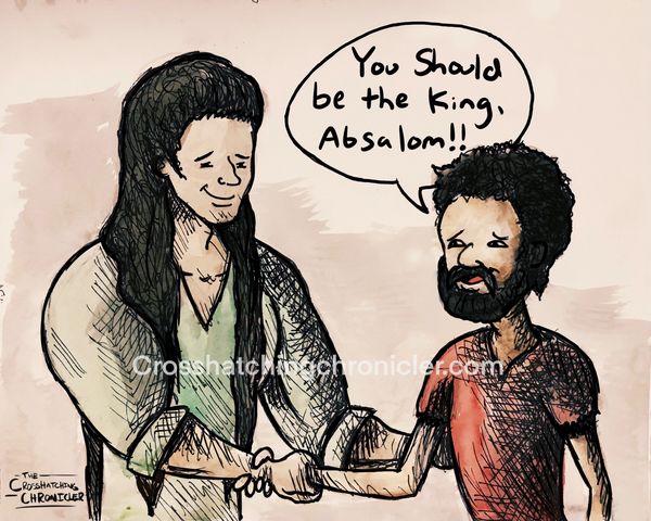 Watercolor. Fabio style Absalom, son of King David, with grateful Israelite. 2 Samuel 15.