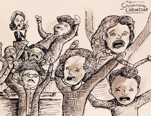 An illustration of Jonathan Edwards giving his 1741 sermon to a crowd of frenzied people.