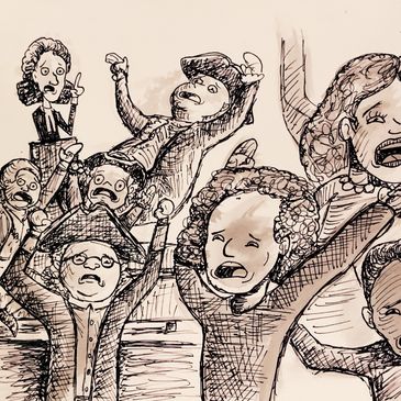 Jonathan Edwards giving sermon, Sinners in the Hands of an Angry God, and crowd going wild.