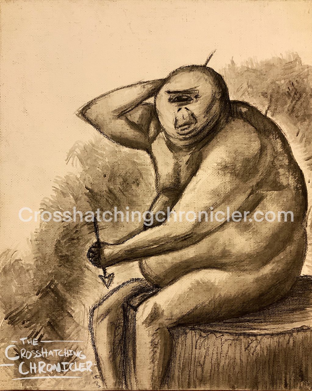 Ink wash illustration of a cyclops pulling arrows out of the back of its head. The Odyssey.