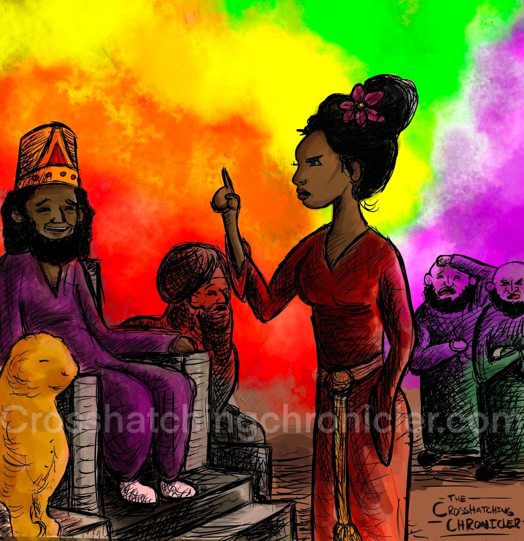 Painting of Esther in the King’s inner chamber, as in Esther 5, with a rainbow emanating from her