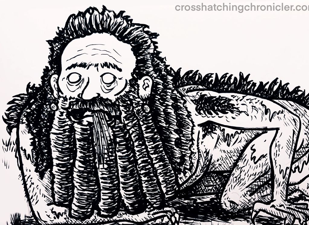 Nebuchadnezzar’s descent into madness, looking like and animal, drawn in ink.