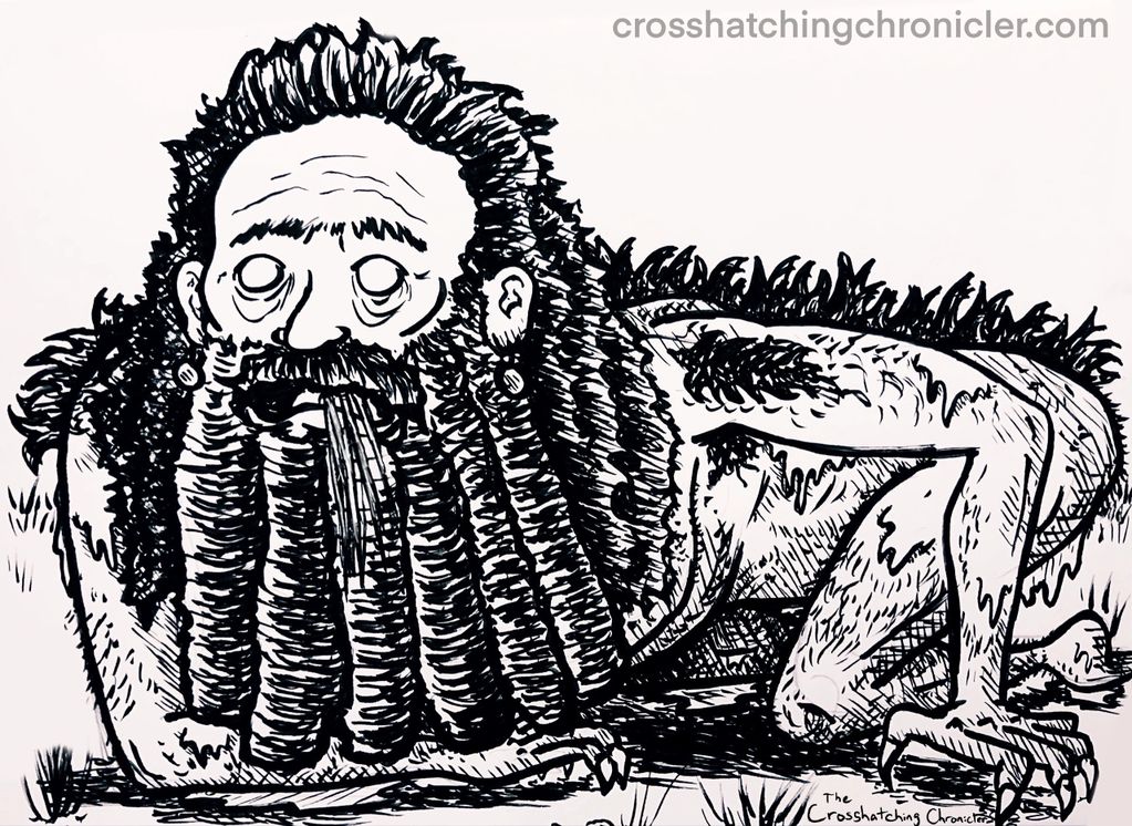 An ink illustration of Nebuchadnezzar craziness, all hairy and scary, and eating grass.